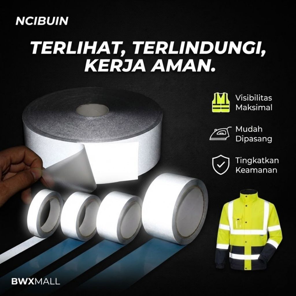 NCIBUIN Pita Skotlet Reflektif Kain Stiker Reflektor Cahaya Setrika Heat Press Custom Jaket Baju Rom