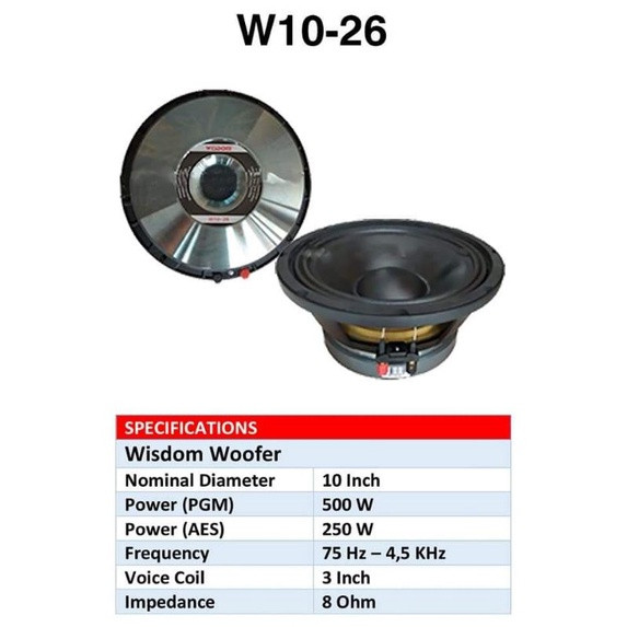 Speaker Komponen Wisdom W10 26 W1026 W10-26 10inch