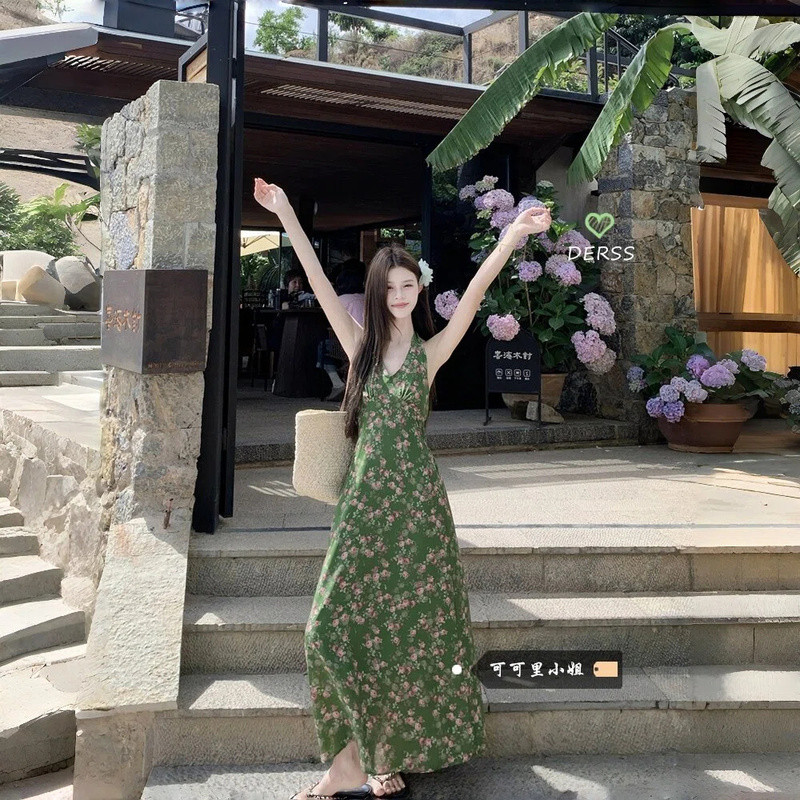 Seoul Cantik COD Long Dress Wanita Floral Hijau Halter V Neck Maxi Dress Korea Dress Liburan Elegan