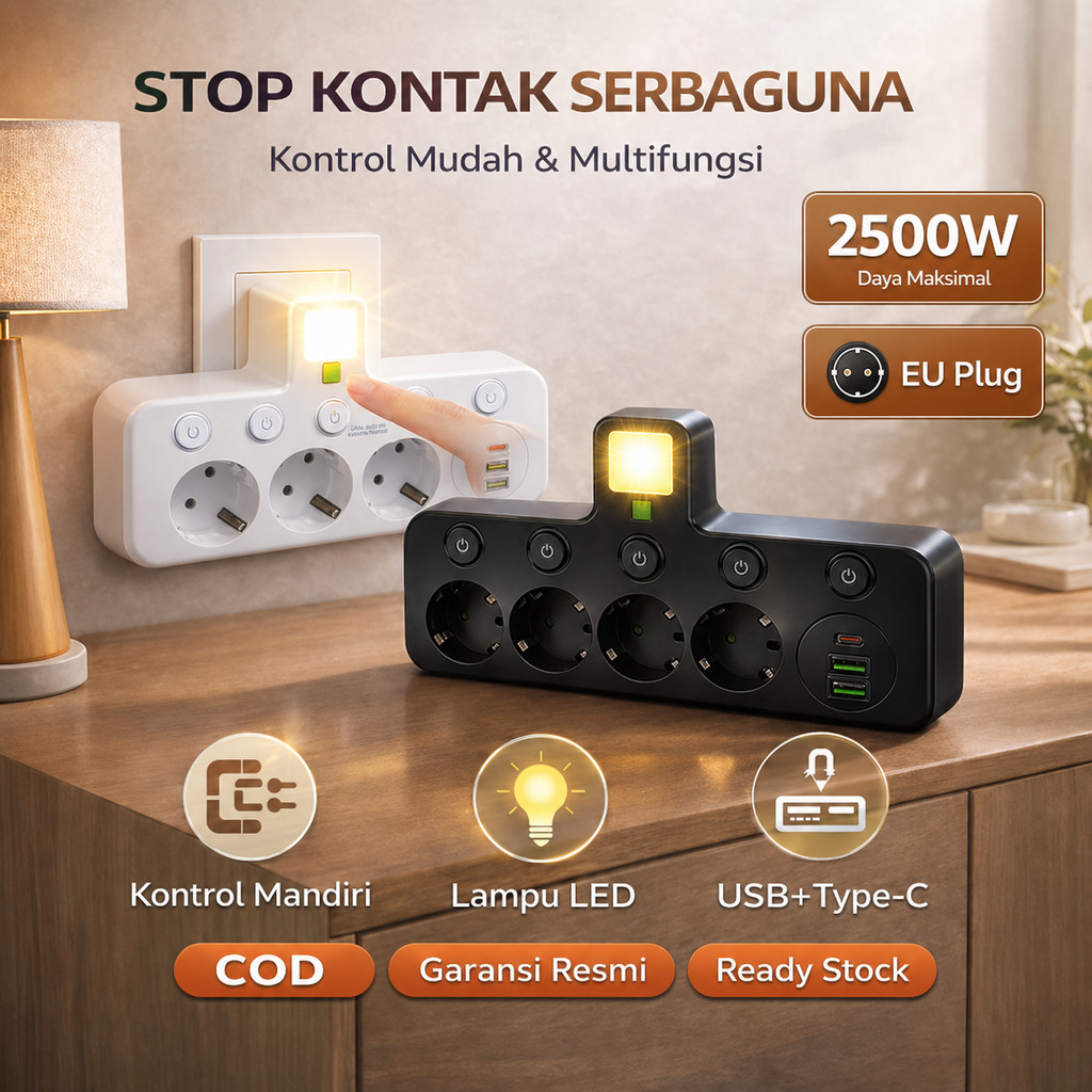 [Purely Home] Stop Kontak Wall Socket Extender Stop Kontak Home Office Dinding Multi USB Type-C - Co
