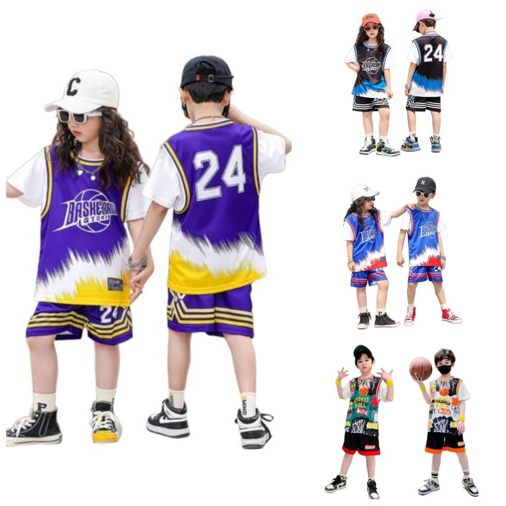 JA07  Setelan Jersey  Berlengan Baju Basket Anak Kids Jersey Basketball