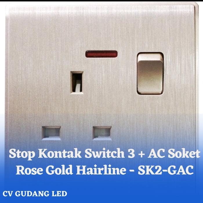 stop kontak Switch 3 + AC Soket Rose Gold Hairline - Meval SK2-GAC