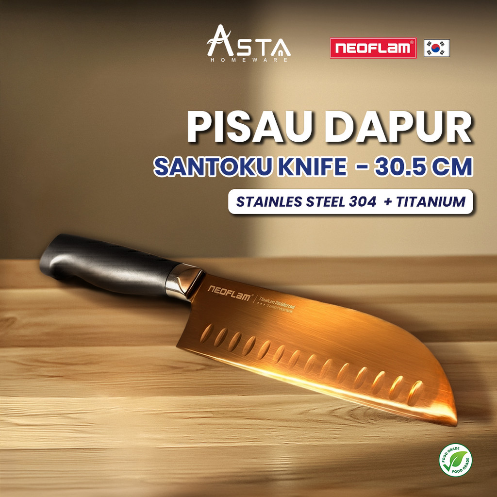 Pisau Dapur Stainless Steel 304 Titanium – Santoku Knife 7” Tebal Super Tajam | Neoflam Korea