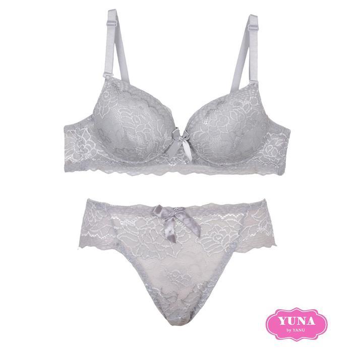 YUNA | Set Bra Brukat Yuna 2122 | Bra dan Cd | Size 36B- 42B - Abu Muda, 40