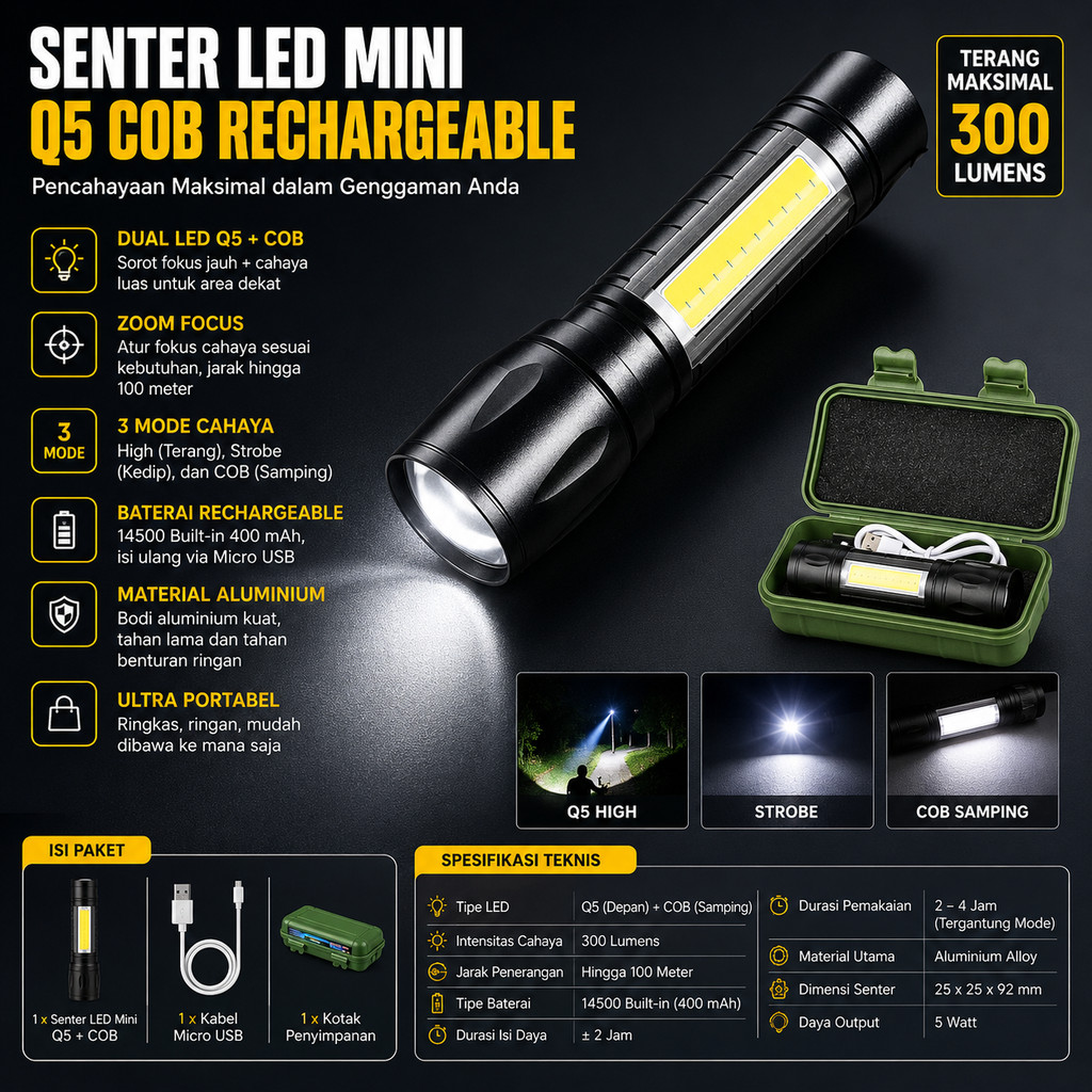 Senter Led Mini Q5 Cob Murah Awet Kuat Praktis Ringkas Super Terang Bagus Bahan Aluminium Tebal Alot