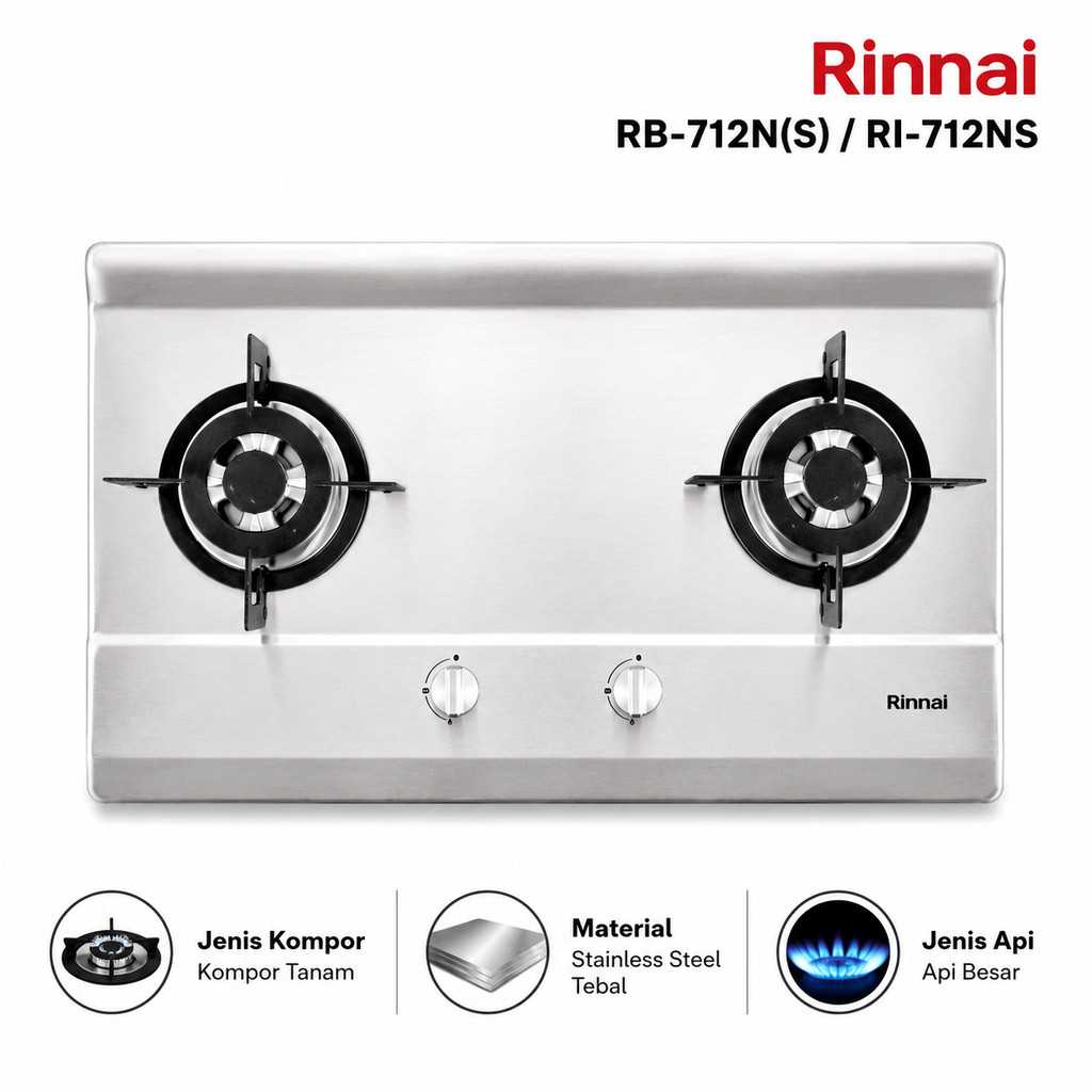 Rinnai RB 712NS Kompor Gas Tanam 2 Tungku 712NS / Rinnai 712 NS 2 Tungku RB712NS Stainless - MN