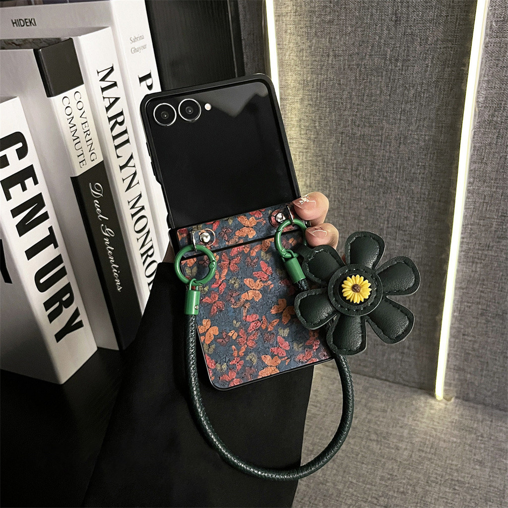 Casing Ponsel Motif Bunga Korea dengan Tali Bunga Matahari untuk Samsung Galaxy Z Flip 7 6 Z Flip6 Z