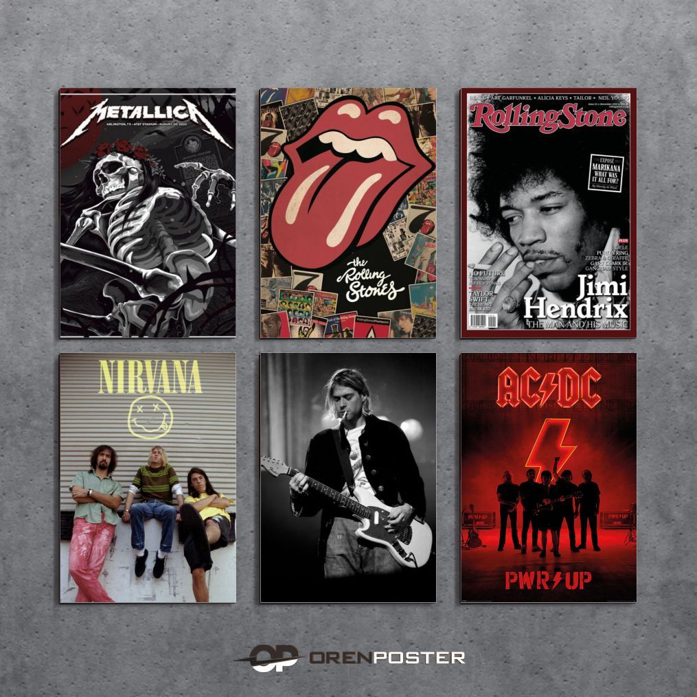 Poster Kayu 30x45 A3+ band nirvana, rolling stone, jimi hendrix, curt cobain, metallica musik metal