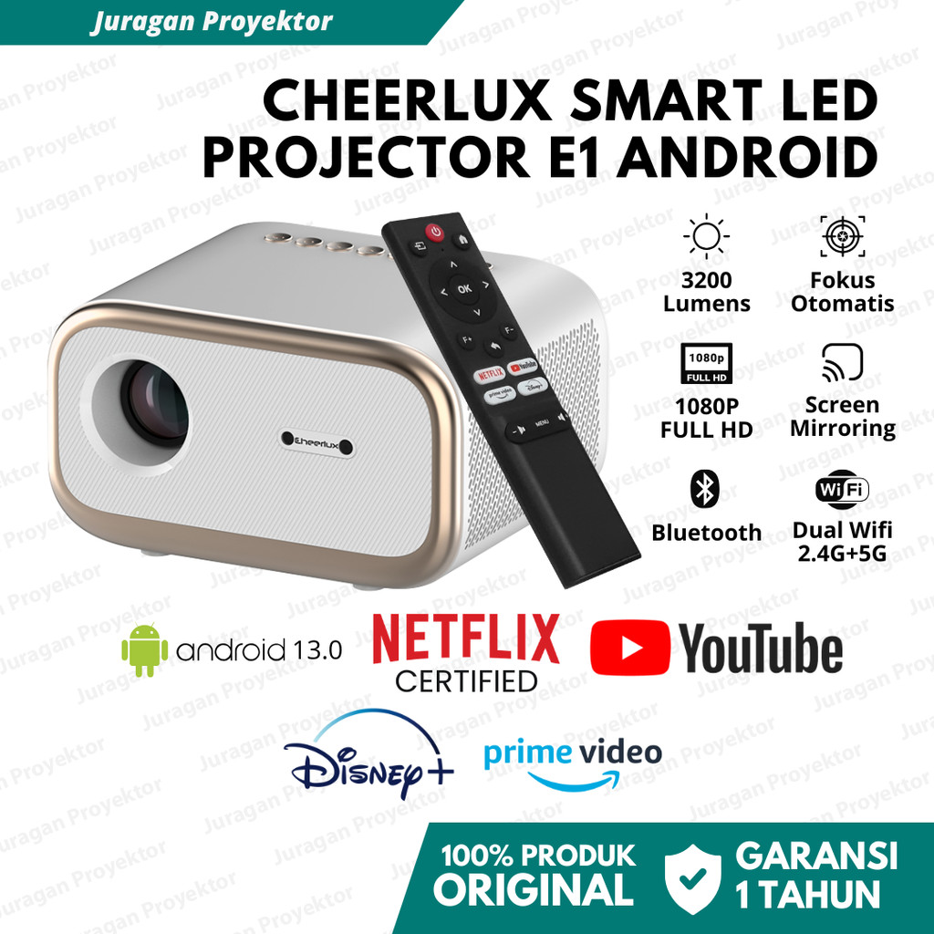 Proyektor Mini Cheerlux E1 Android 13.0 Wifi Netflix Certified 3200 Lumens FHD 1080P | Proyektor Min