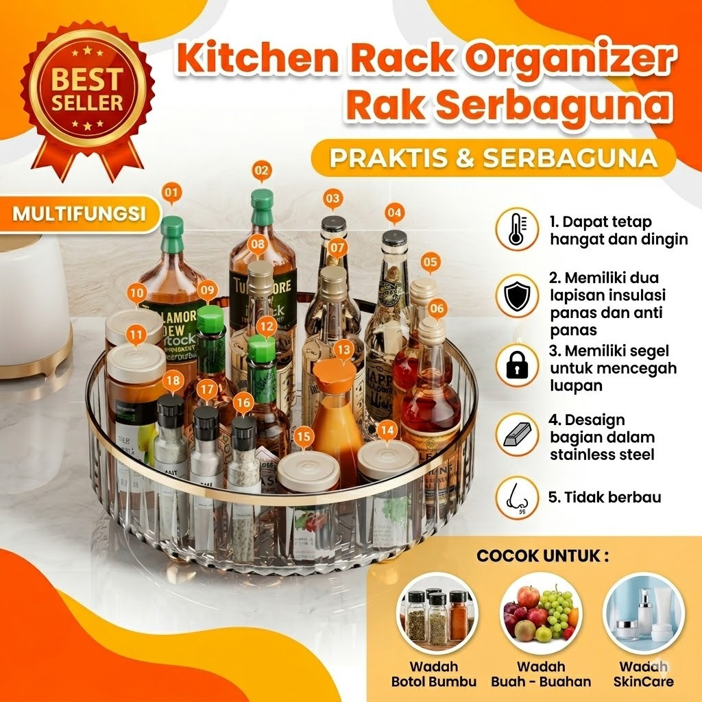 Rak Bumbu Putar Akrilik Rak Buah Putar Transparan Kitchen Rack Organizer Rak Serbaguna HSB875