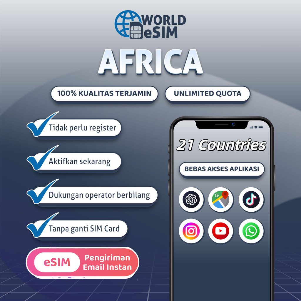 Worldesim esim Africa Roaming Unlimited Data | 3-10 GB | Solusi IMEI Blokir | IPHONE Inter