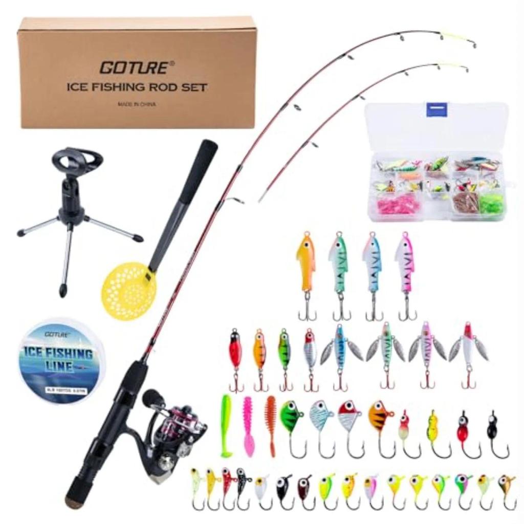 Goture 32" Ice Fishing Rod Reel Combo, M/MH Double Tip Ice Fishing Rod, Portable Ice Fishing Kit Inc