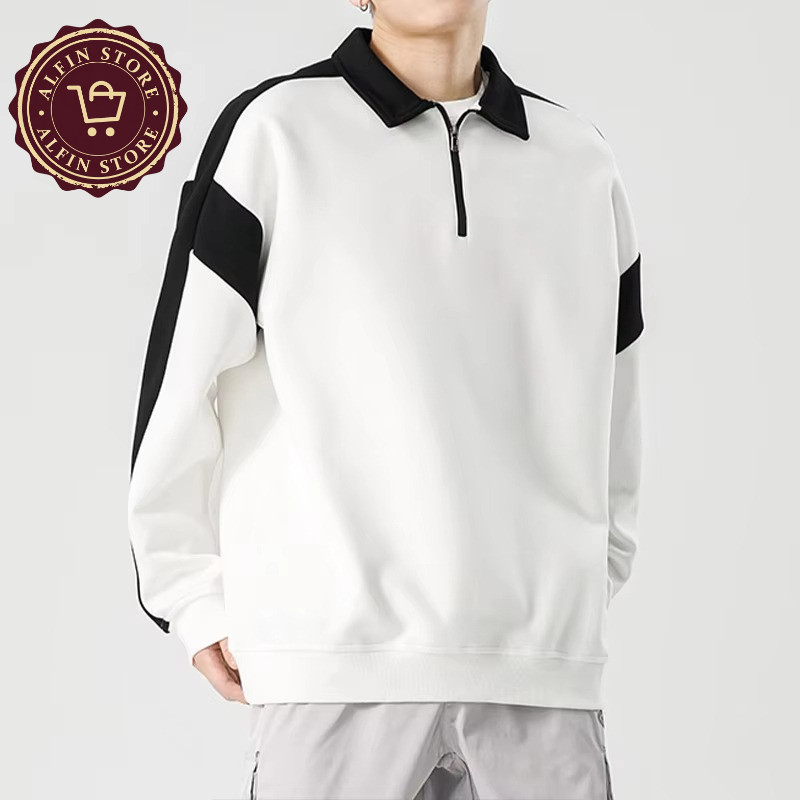 SWEATER PREMIUM HALF ZIP RESLETING PUTIH OVERSIZE  UNISEX .SWEATER KERAH S-6XL HALF ZIP  , SWEATER H