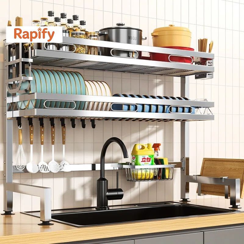 Rapify 304 Rak Piring di Atas Wastafel Rak Wastafel Stainless Steel Rak Piring Organizer Penyimpanan