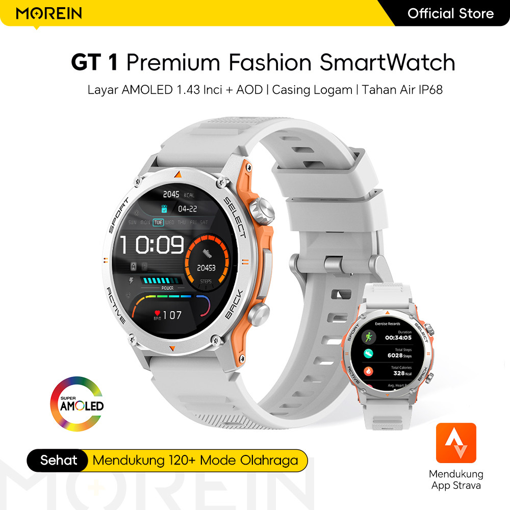 Morein Plus GT1 Smartwatch - 1.43'' AMOLED | Tahan Air IP68 | Baterai Tahan Lama | 123 Mode Olahraga