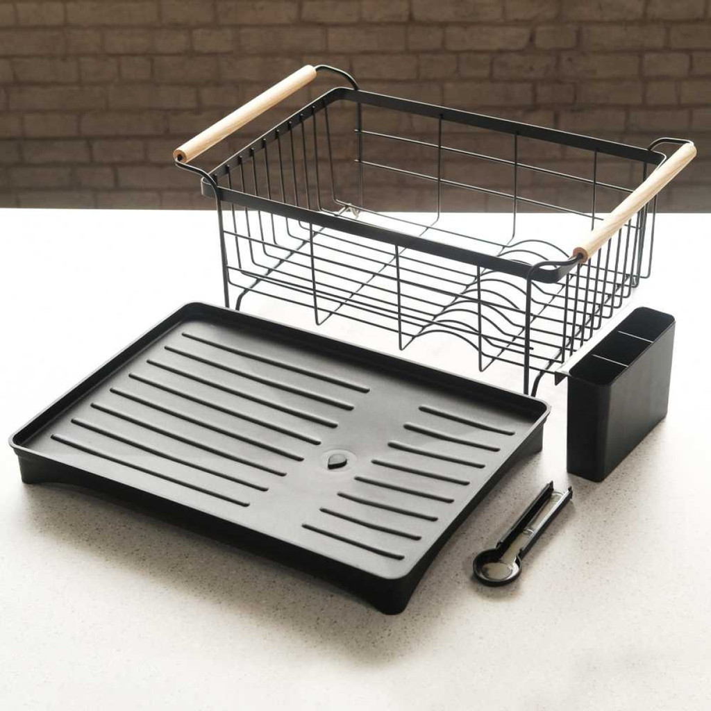 Rak Pengering Cuci Piring Kitchen Drainer Basket Stainless Steel Hitam Alas Penampung Air Minimalis