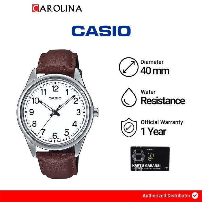 wearbee2 Jam Tangan Pria Casio General MTP-V005L-7B4 Quartz Watch White  Dial Brown Leather Strap Wa