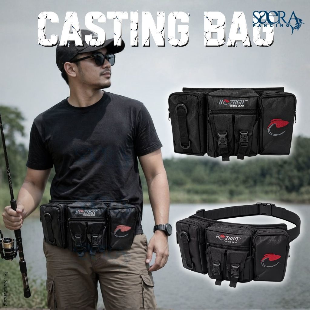 Saera Pancing Bozaga Tas Pinggang Casting Bag Pria 6 Kompartemen Adjustable Belt Outdoor