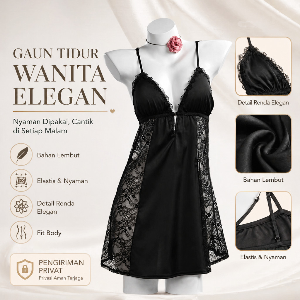 Gaun Tidur Wanita Sexy Satin Lace V-Neck - Baju Tidur Malam Lingerie Transparan