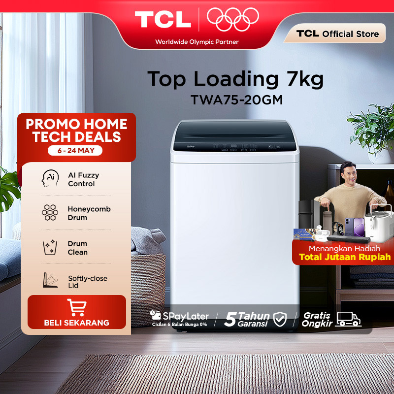 TCL Mesin Cuci 1 Tabung - Top Loading 7 KG - Honeycomb Crystal Drum - Auto Cleaning - Eight Wash Pro