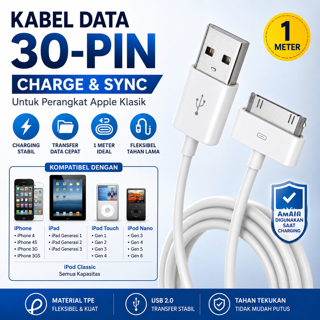 Kabel Data Charger Usb 30 Pin Iphone 4 4s Ipad 1 2 3 Ipod Classic Nano Touch Kabel Jadul Lawas Apple
