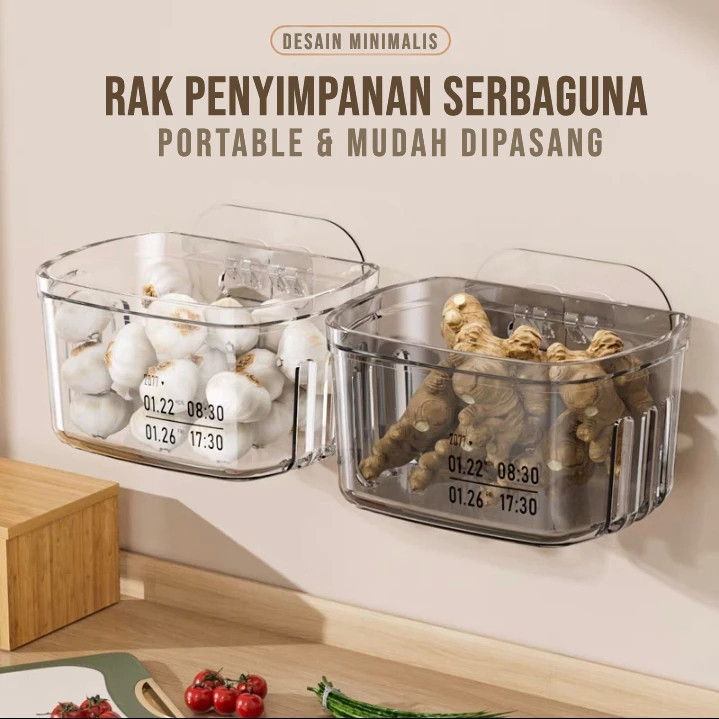 ELMO Rak Penyimpanan Tempel Dinding Dapur Transparan | Organizer Tempat Cuci Sayur Buah Tirisan