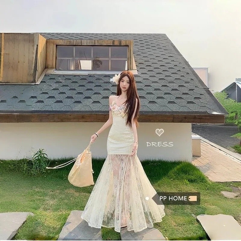Seoul Cantik COD Long Dress Wanita Korea Brokat Bunga Maxi Dress Bodycon Elegan Dress Pesta Liburan 