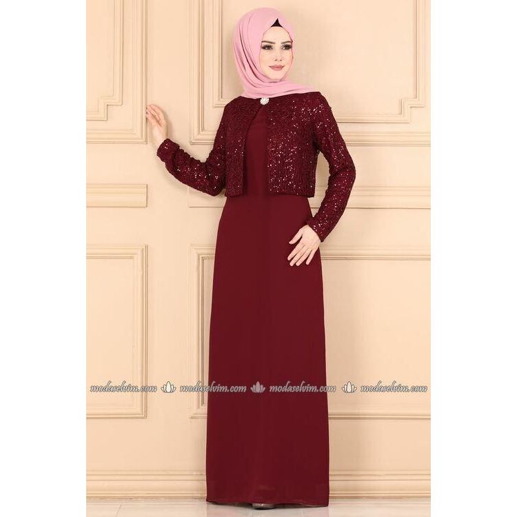 gaun maroon elegan dengan sequin  Baju Pesta Muslimah Modern  Gaun Brokat Bordir Merah Marun  Gaun P