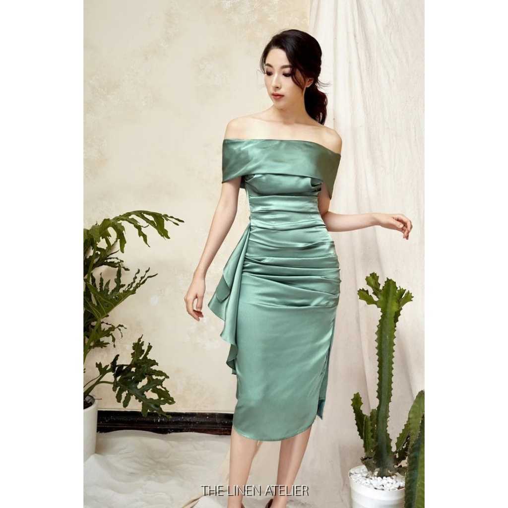 Sabrina Satin Dress | Natal Dress | Gaun Gereja Dress Pesta Bridesmaid Midi Dress Kasual K027 Brides