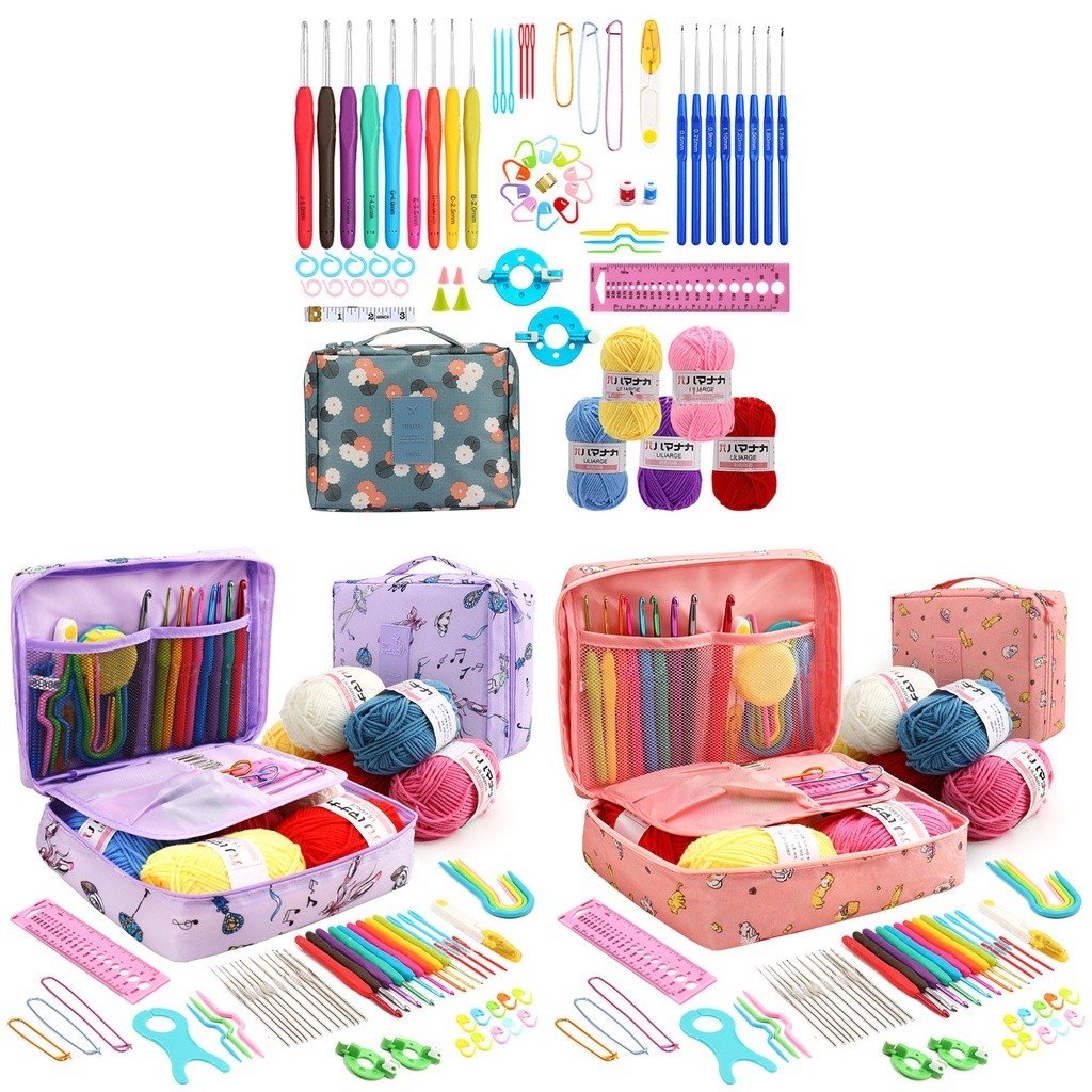 58 in 1 Set Alat Merajut Lengkap Pemula Portabel Crochet Kit Beginner Paket Rajut Benang Wol Tas
