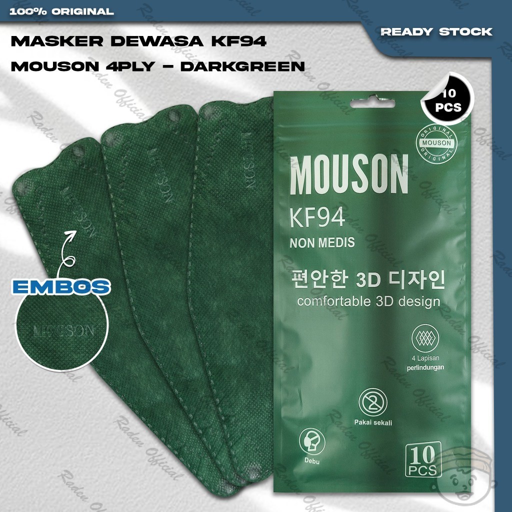 Masker KF94 MOUSON 4Ply Isi 10Pcs Warna Dark Green Hijau Tua Earloop KF94 4 Ply Surgical Mask