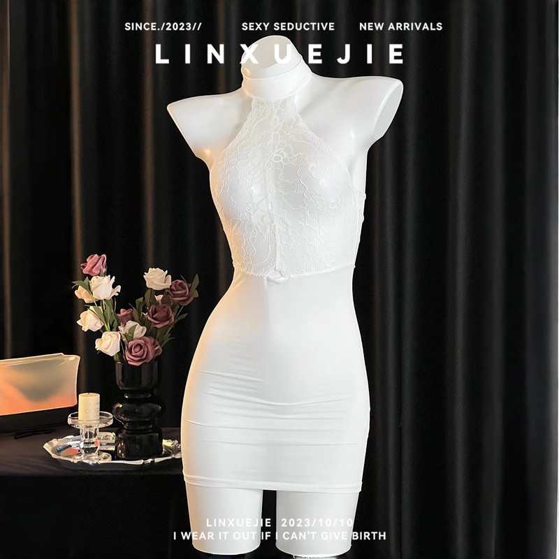 LINXUEJIE Dress Lingerie Wanita Halter Renda Transparan Bodycon Seksi Putih Merah Hitam