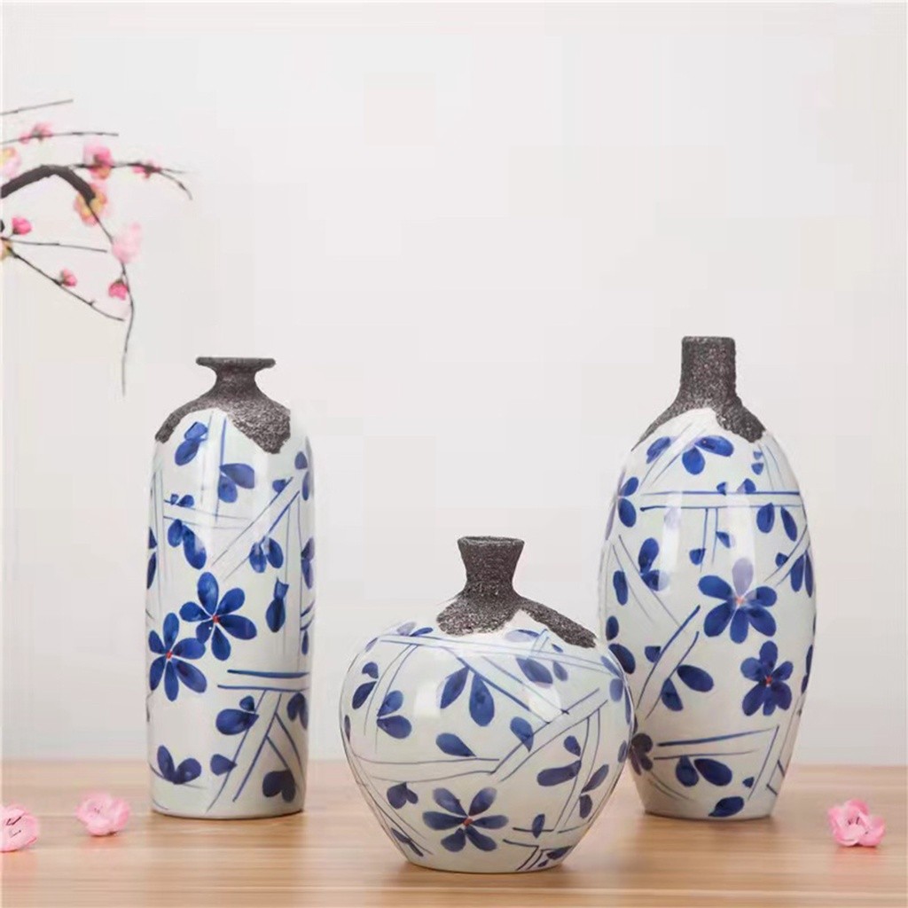 Pajangan Meja Guci Keramik Motif Bunga Biru Klasik Modern / Blue Bud Ginger Jar Vas 821
