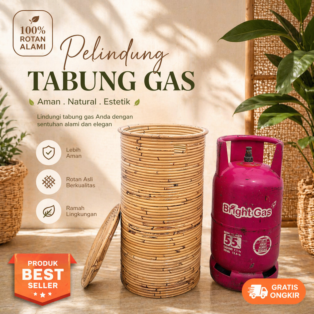 Cover Tabung Gas Rotan Alami Keranjang Pelindung LPG Estetik Boho Minimalis