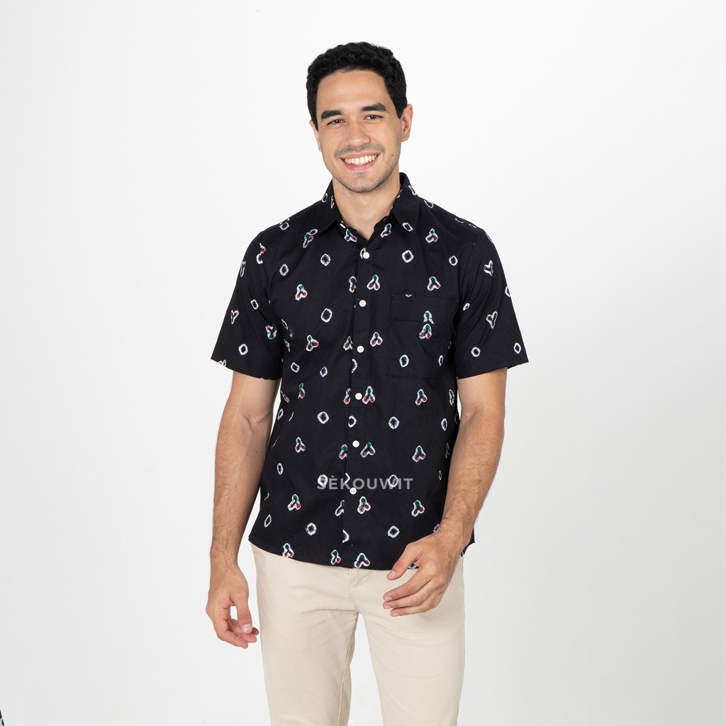 Kemeja Batik Pria Renggas Kemeja Batik Jumputan Lengan Pendek Sekouwit - Black