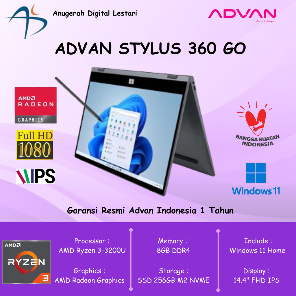 Advan Stylus 360 Go+ Flip Ryzen 3-3200U 8GB SSD 256GB WIN 11 14" FHD IPS Touch