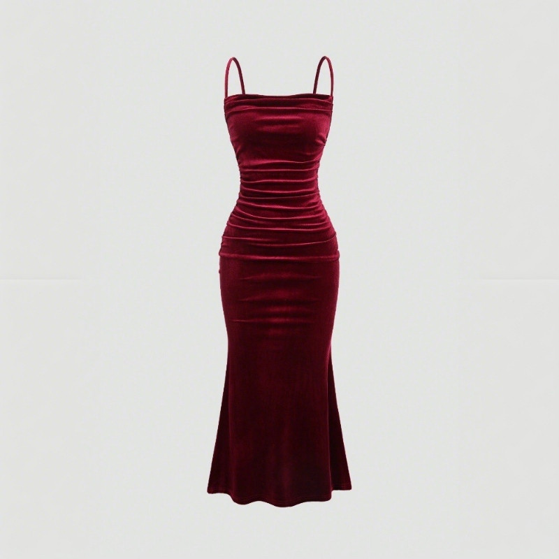 Cute Hot Label Gaun slip beludru model baru, gaun midi elegan untuk acara pesta dan wanita.