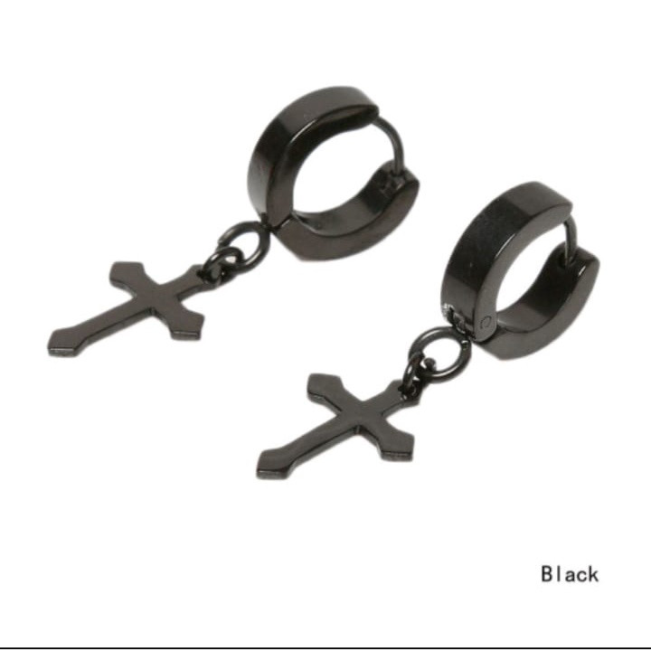 Anting Salib Non Tindik Titanium Warna Gold Hitam Putih Aksesoris Telinga Pria Wanita