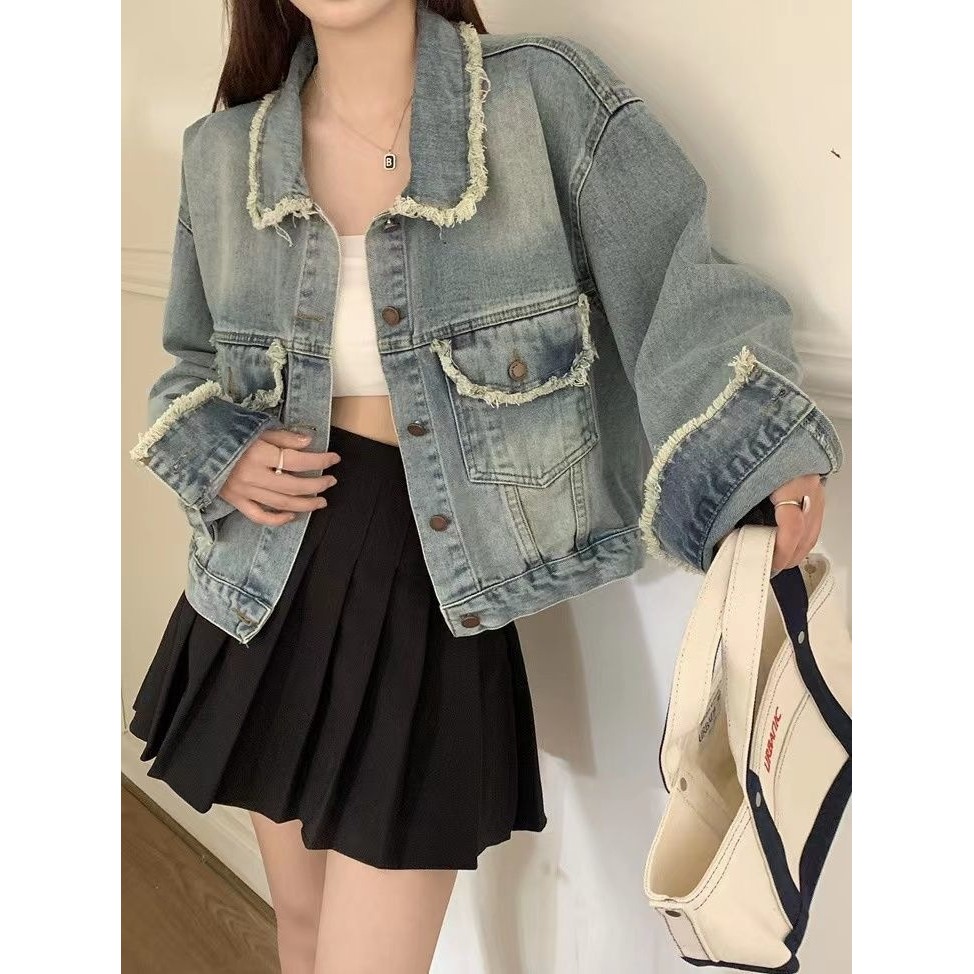 Frayed denim jacket vintage distressed loose slim-fit short jacket