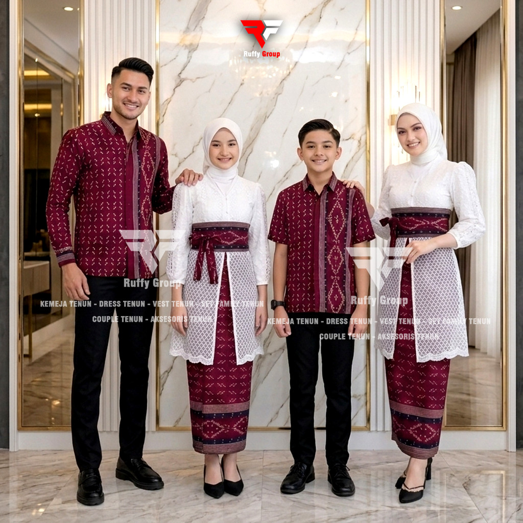 AVTA TENUN - Basmara Kebaya Series Warna Motif Maroon Set Couple Family Baju Tenun Pasangan Keluarga
