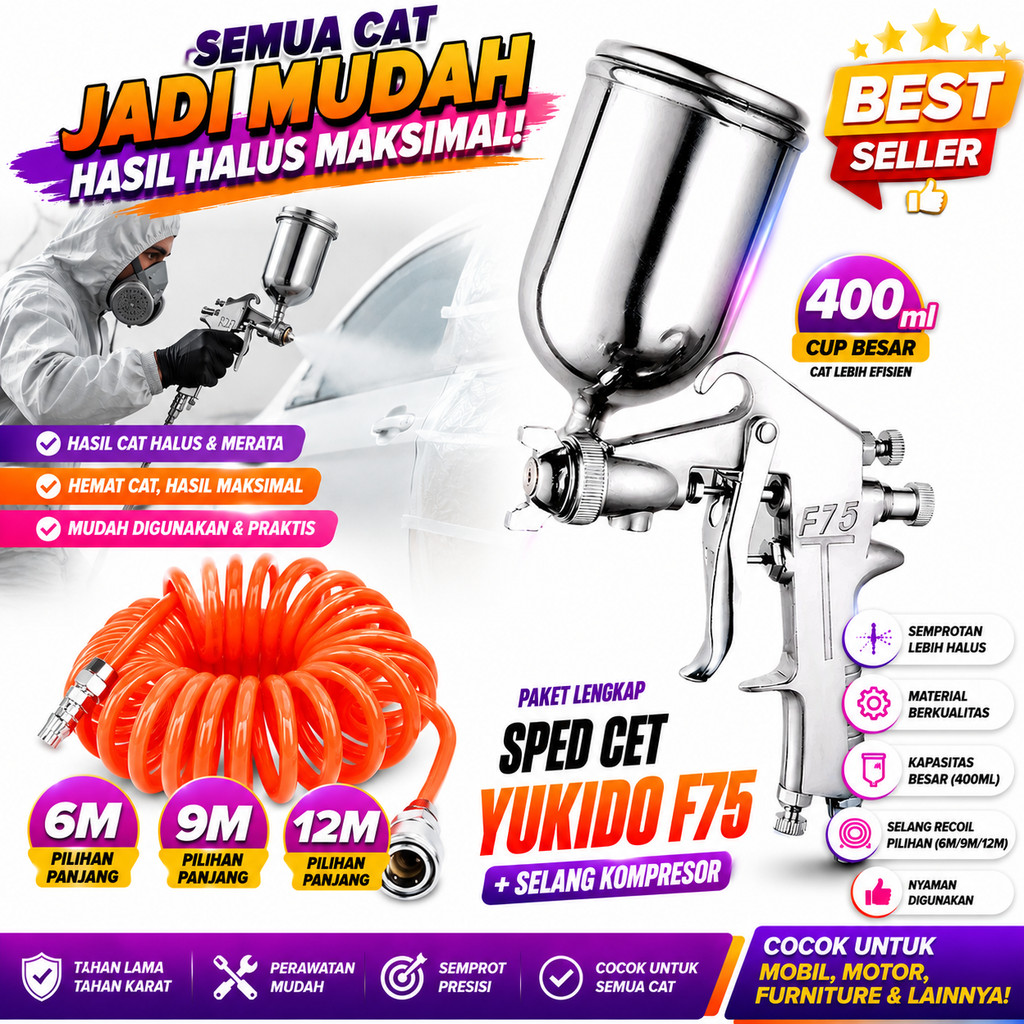 Paket Alat Semprot Cat Angin Spray Gun Spet F75 Tabung Atas Dan Selang Recoil Selang Kompresor