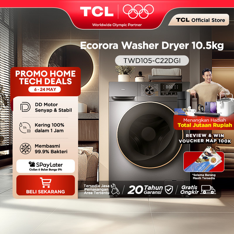TCL Mesin Cuci Front Loading Washer Dryer 10.5 kg - 100% Kering - Direct Drive Motor - Heat Steriliz