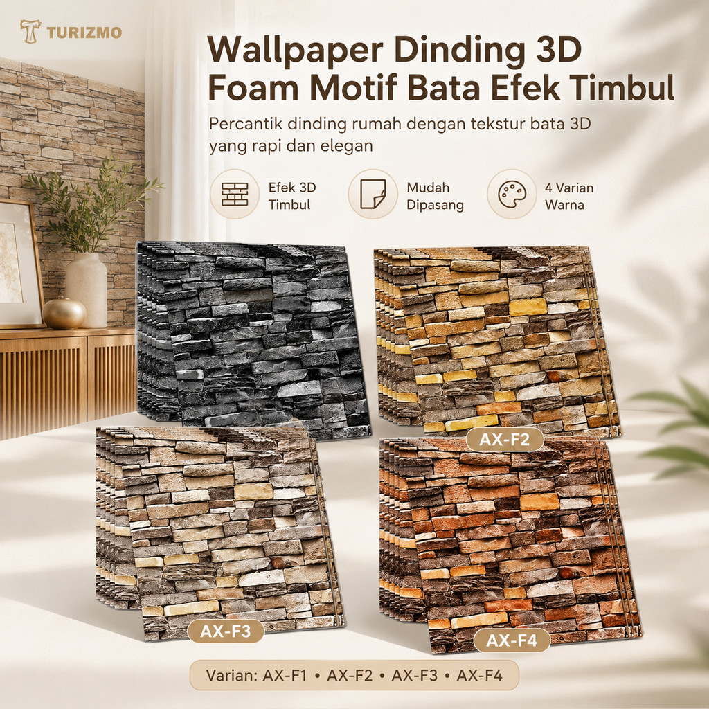 Wallpaper Dinding 3D Foam Motif Bata Efek Timbul Tampilan Realistik untuk Kamar, Ruang Tamu & Interi