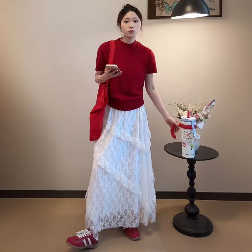 Aroana Rok wanita Big Size Rok renda putih wanita desain gaya Korea baru rok mesh rok panjang