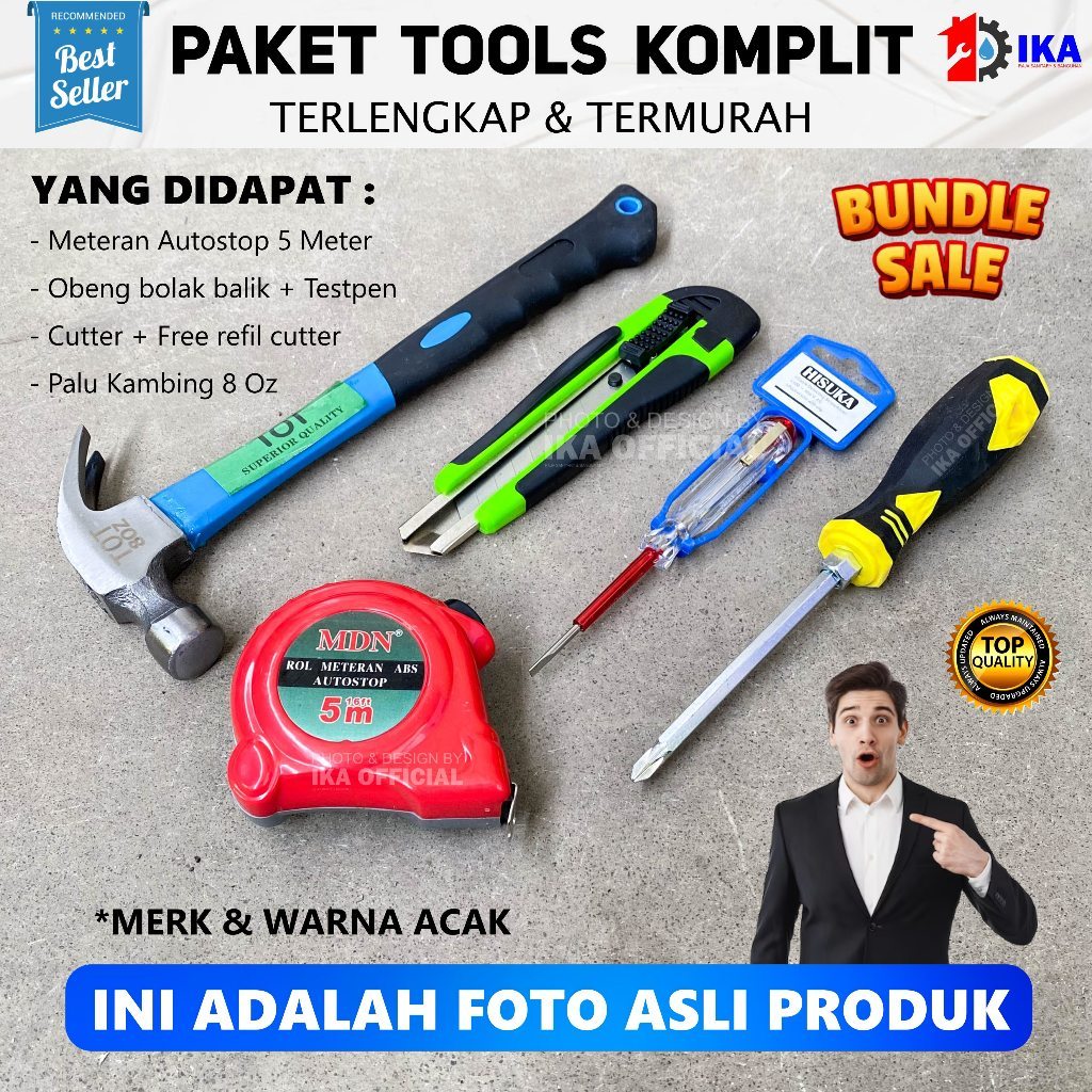 READY (COD) MURAH Paket Alat Tukang Palu 8 Oz - Obeng Ketok 2 In 1 - Meteran 5 m - Tespen AC - Cutte