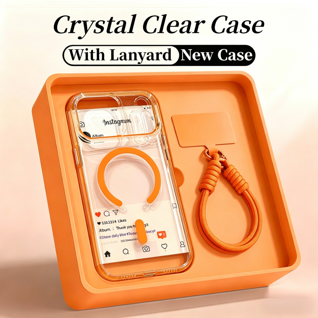 New Orange INS Crystal Clear MagSafe iPhone Case with Lanyard Anti-Yellow Shockproof Cover for iPhon