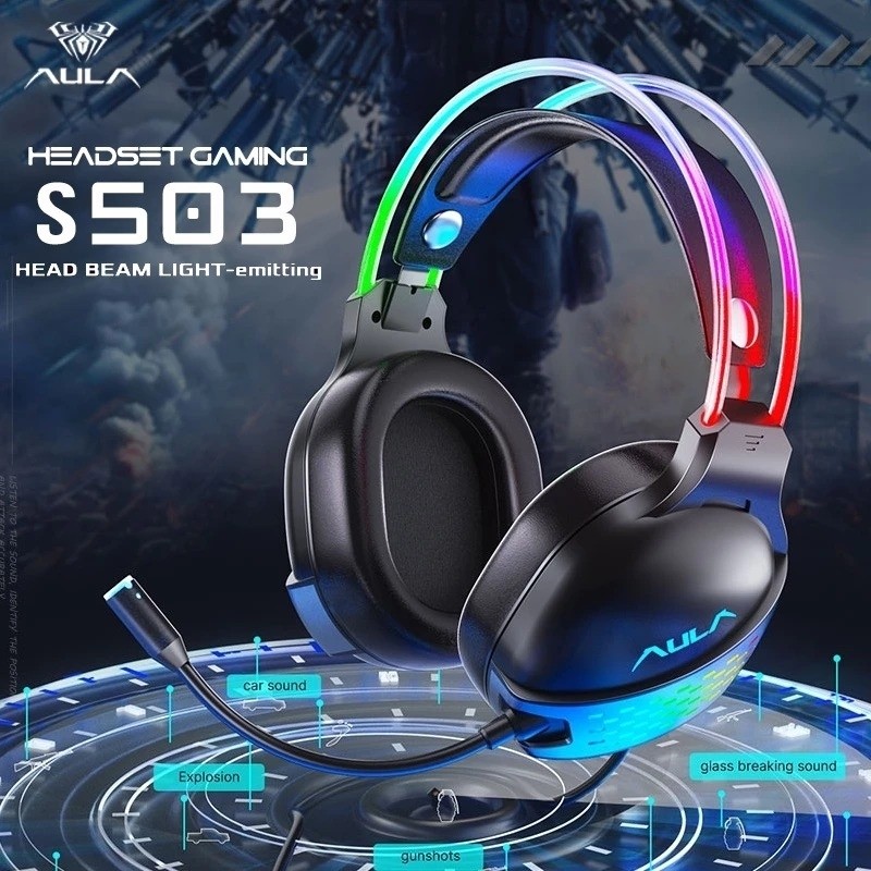 Headset Gaming AULA S503 Wired Built in Microphone RGB - Black