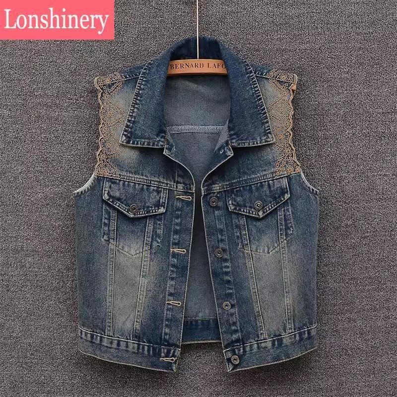 Rompi Denim Bordir Renda untuk Wanita, Rompi Pendek Tanpa Lengan Baru