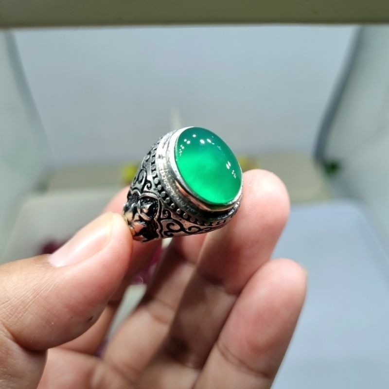 cincin batu green chalcedony 14mm / batu hijau garut asli natural / B19  akik 525