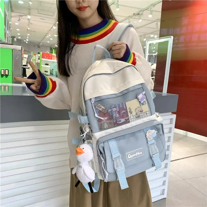 Tas Ransel Wanita Gaya Lucu Warna Kontras Biru Putih Kartun Imut Tas Laptop Kapasitas Besar untuk Se